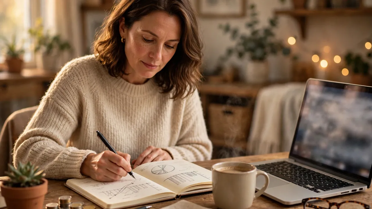 A person planning savings at a home desk with a notebook and laptop