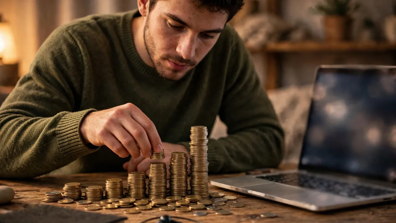 A person stacking coins in growing piles beside a laptop