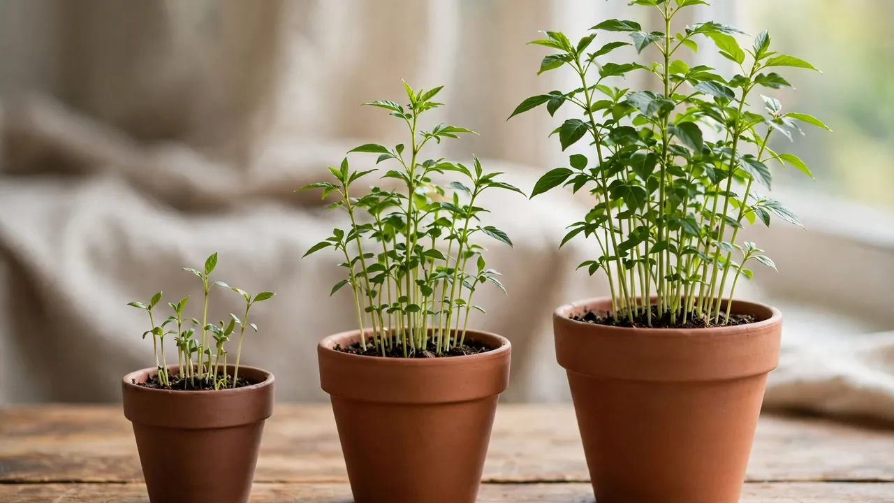 Plants growing taller in three pots of increasing size