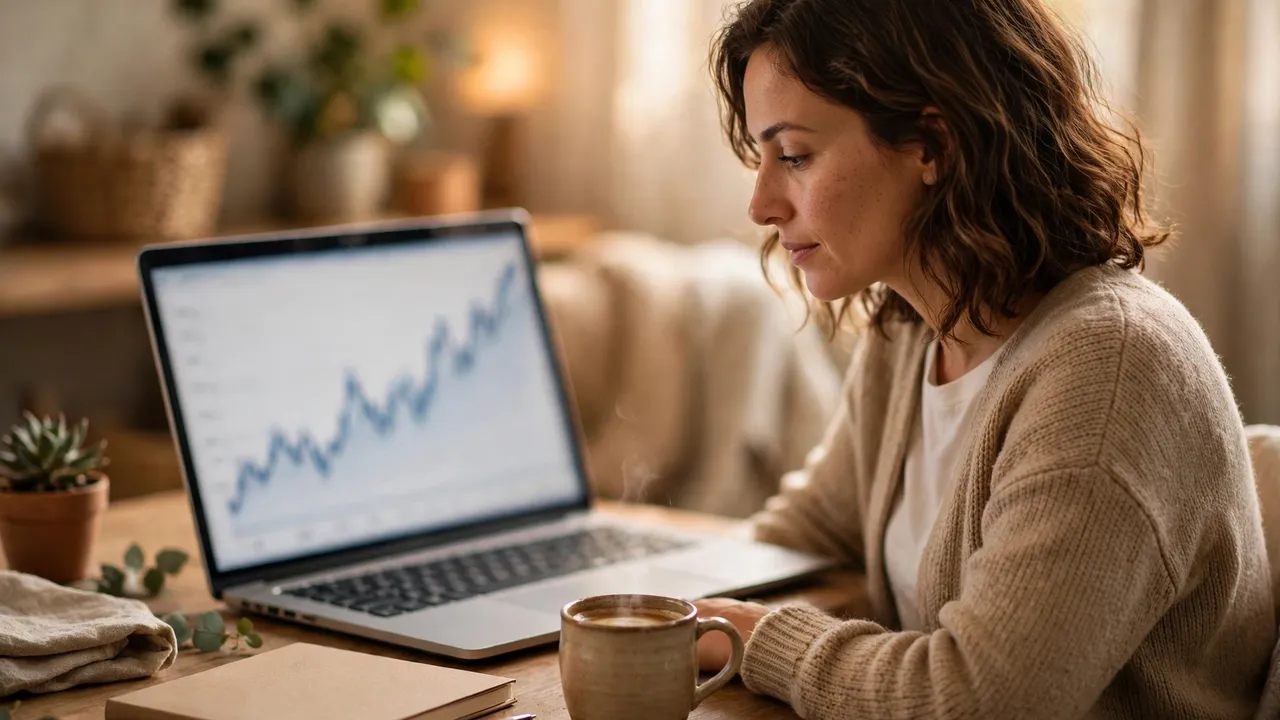 A person reviewing a rising chart on a laptop