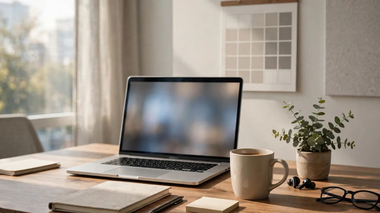 An office workspace with a wall calendar and a laptop