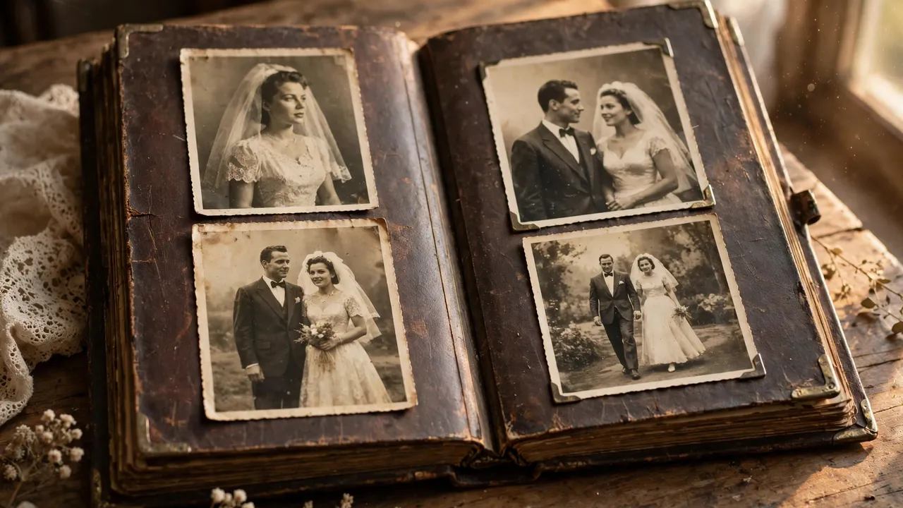Vintage wedding photographs in an old album