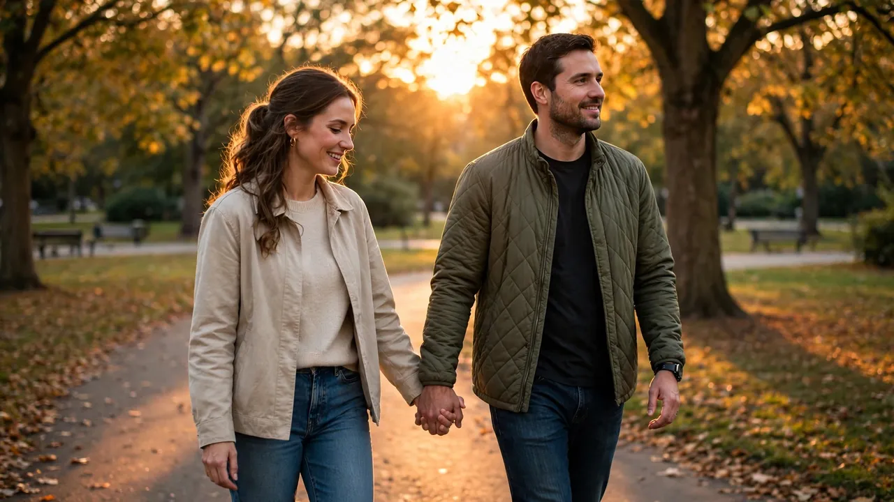 A couple holding hands walking in a park at sunset