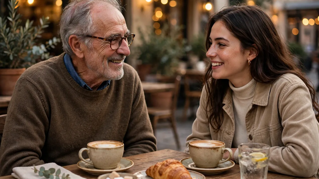 An older man and a younger woman chatting over coffee