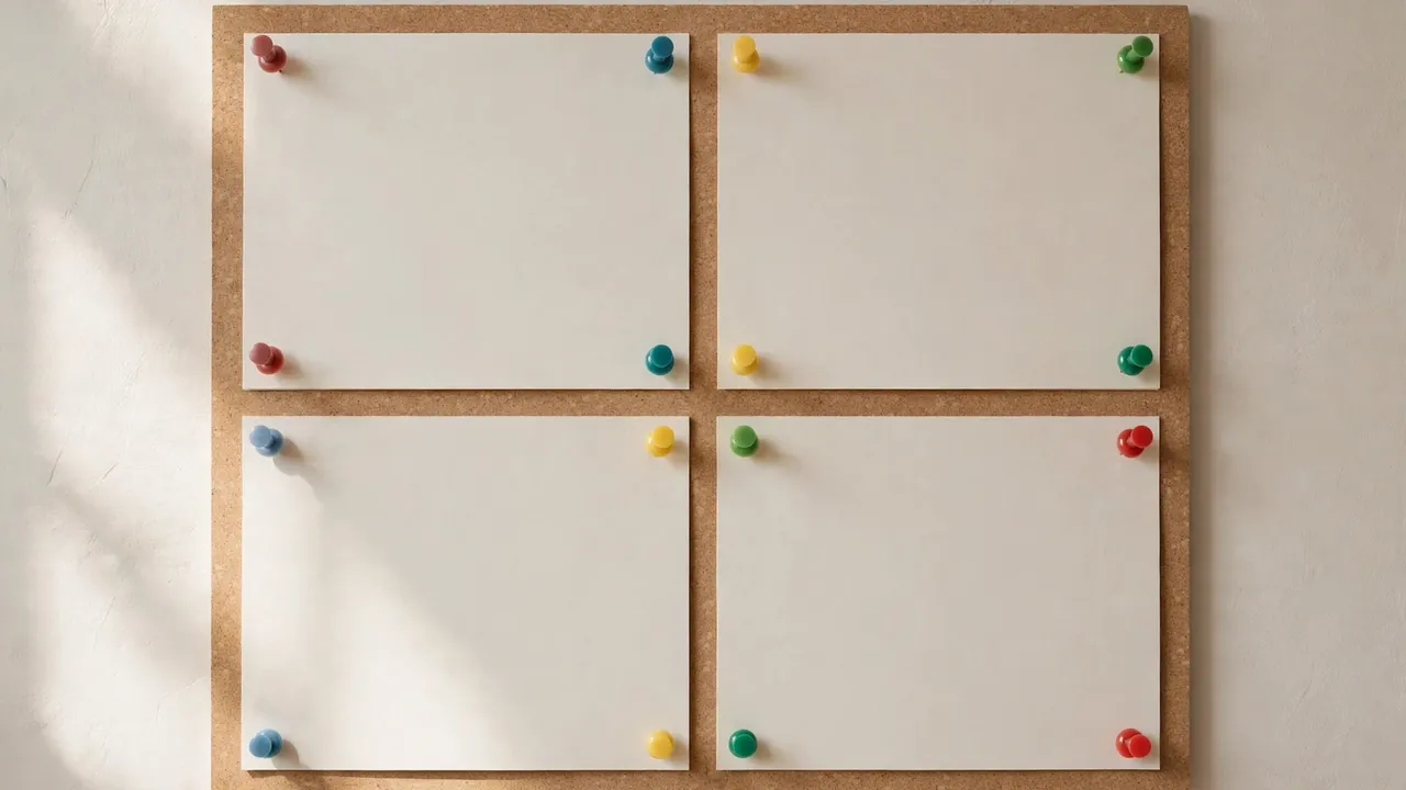Four blank sheets pinned in a grid on a board