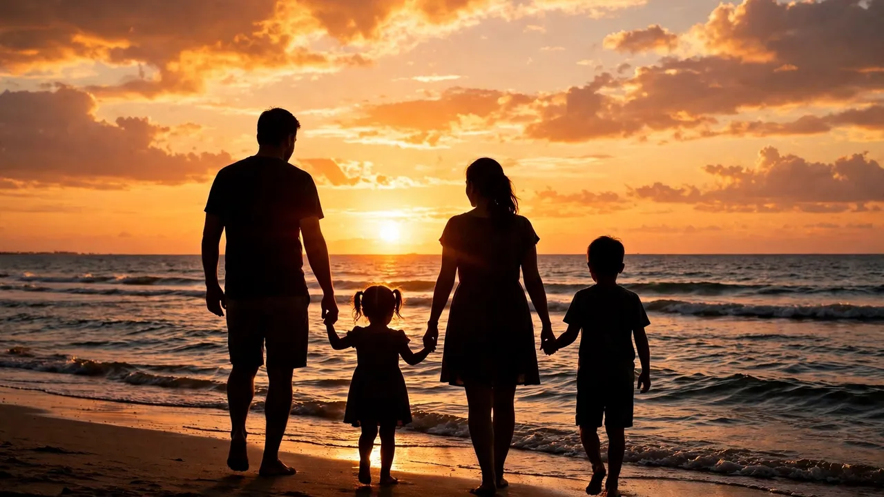 A family walking along a beach at sunset