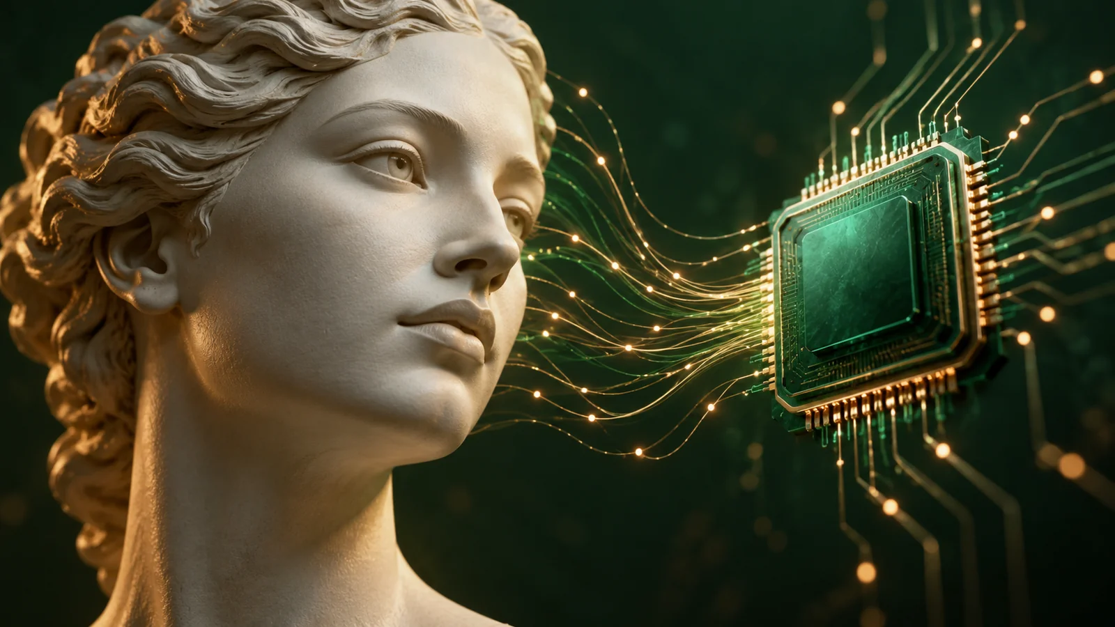 An adult face sculpture linked to an emerald computer chip.