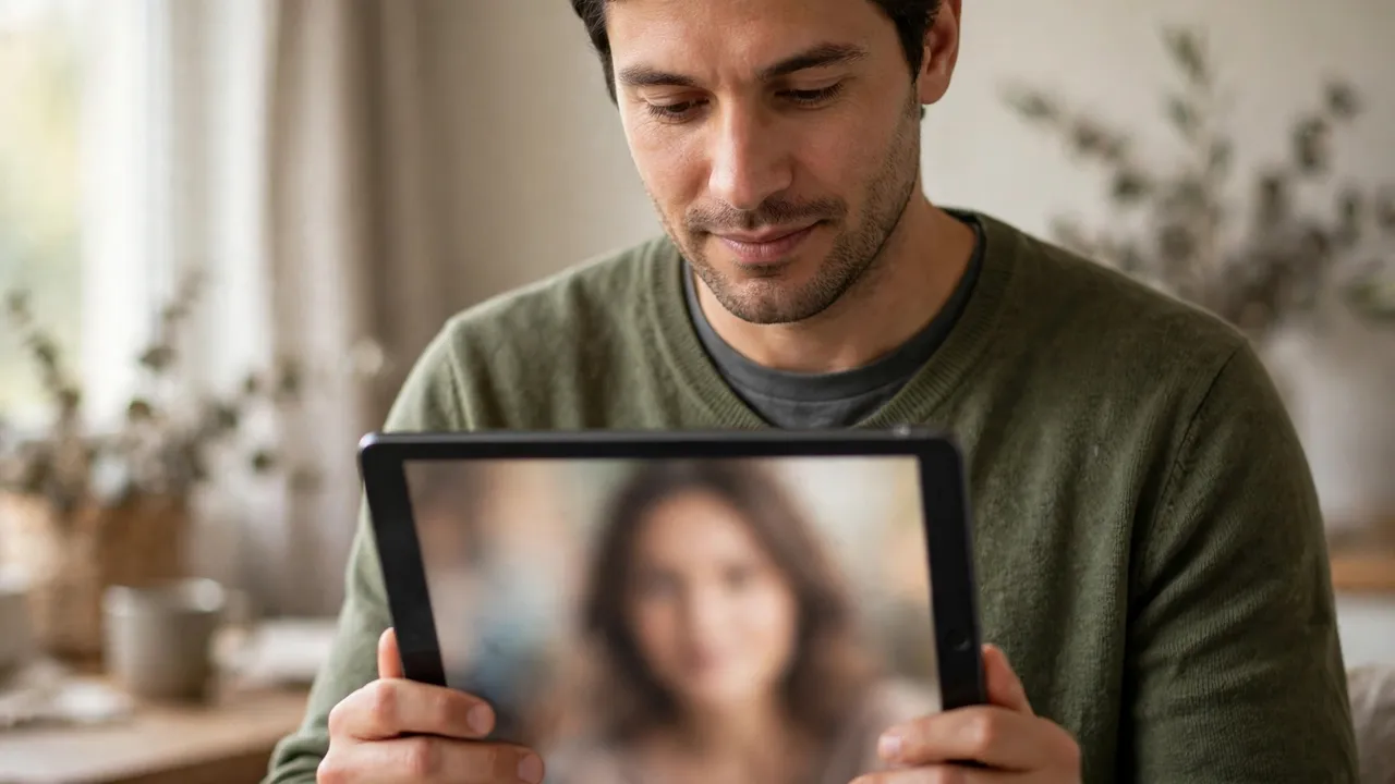 A person holding a tablet showing a blurred portrait photo