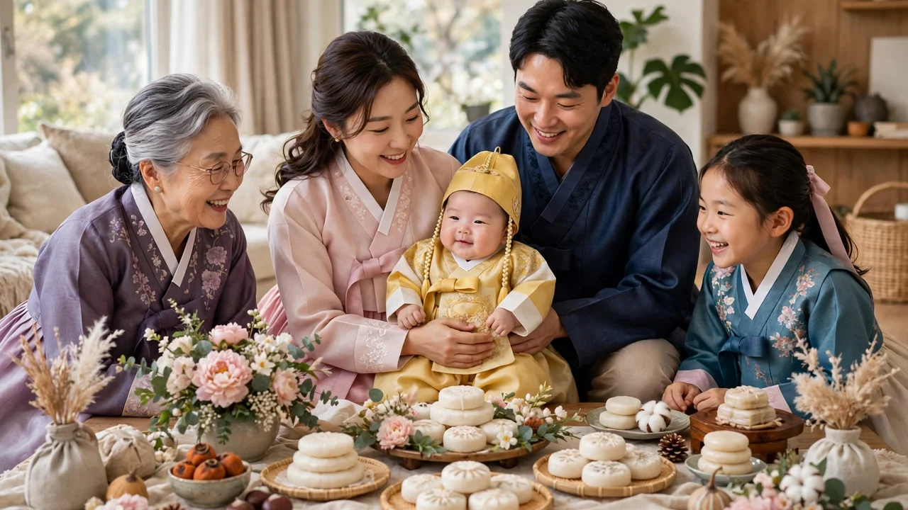 A Korean family in hanbok celebrating baek-il with white rice cakes
