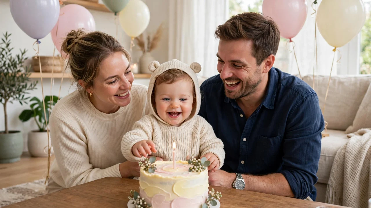 Parents and a baby celebrating a first birthday with cake and balloons