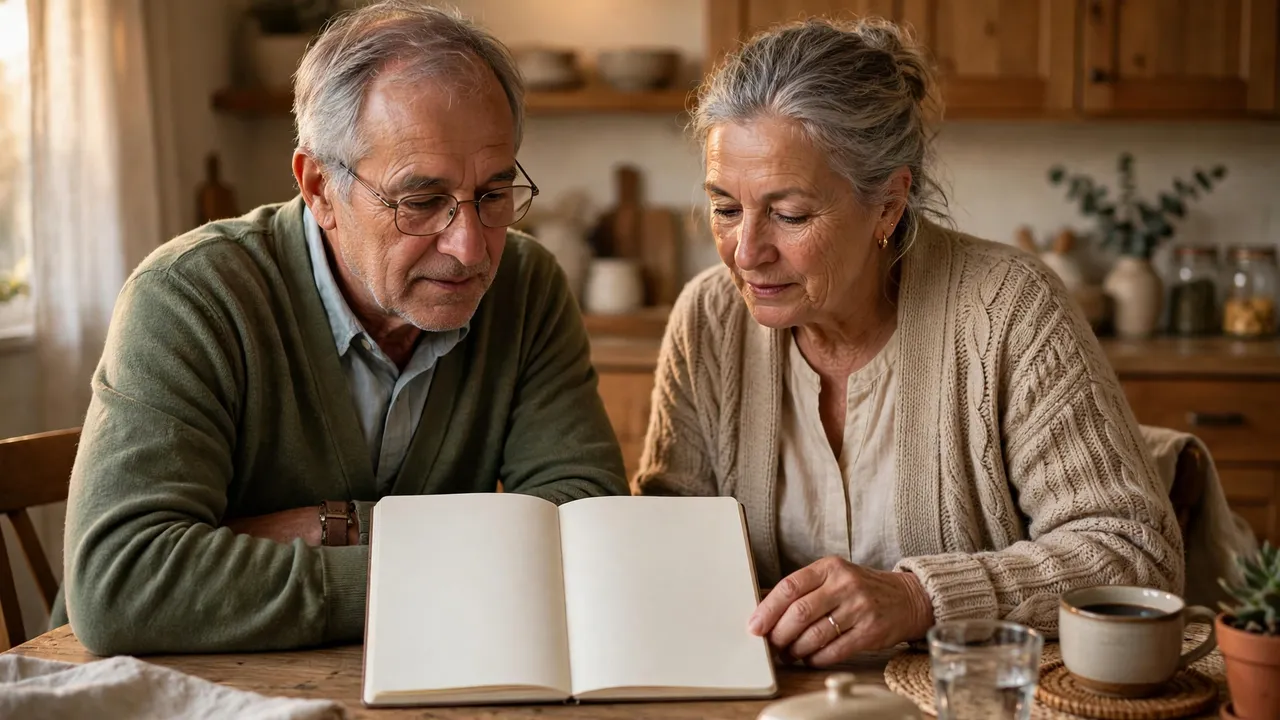 A retired couple reviewing a notebook at a kitchen table