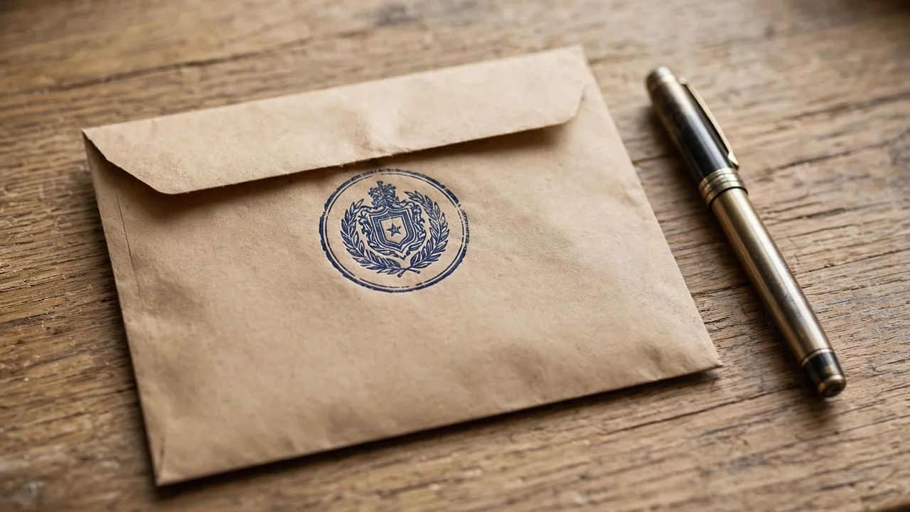 A stamped official envelope and a pen on a wooden desk