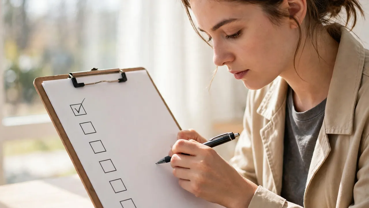A person checking a blank checklist on a clipboard