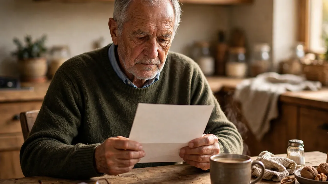 A senior man reading a letter at a kitchen table
