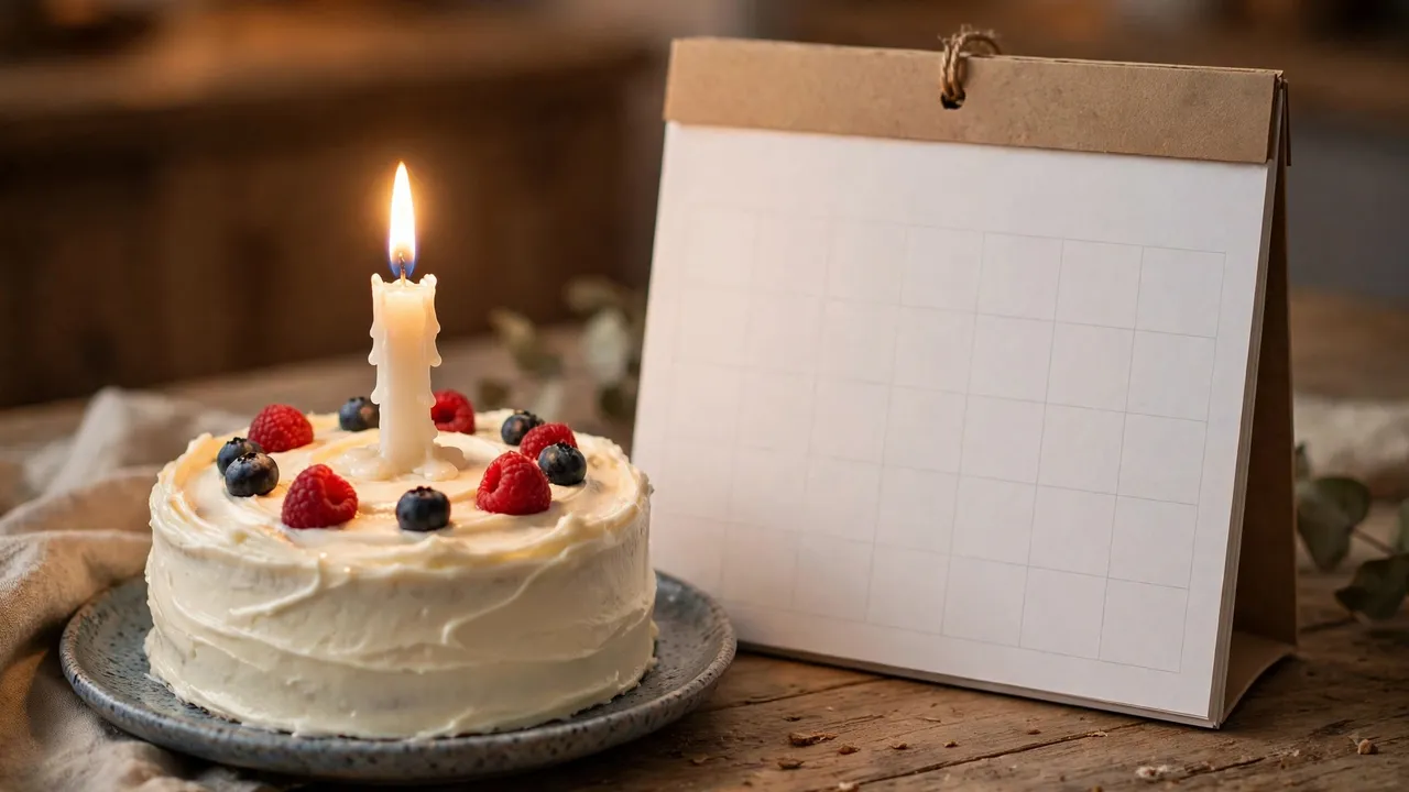 A birthday cake with a single lit candle beside a blank calendar