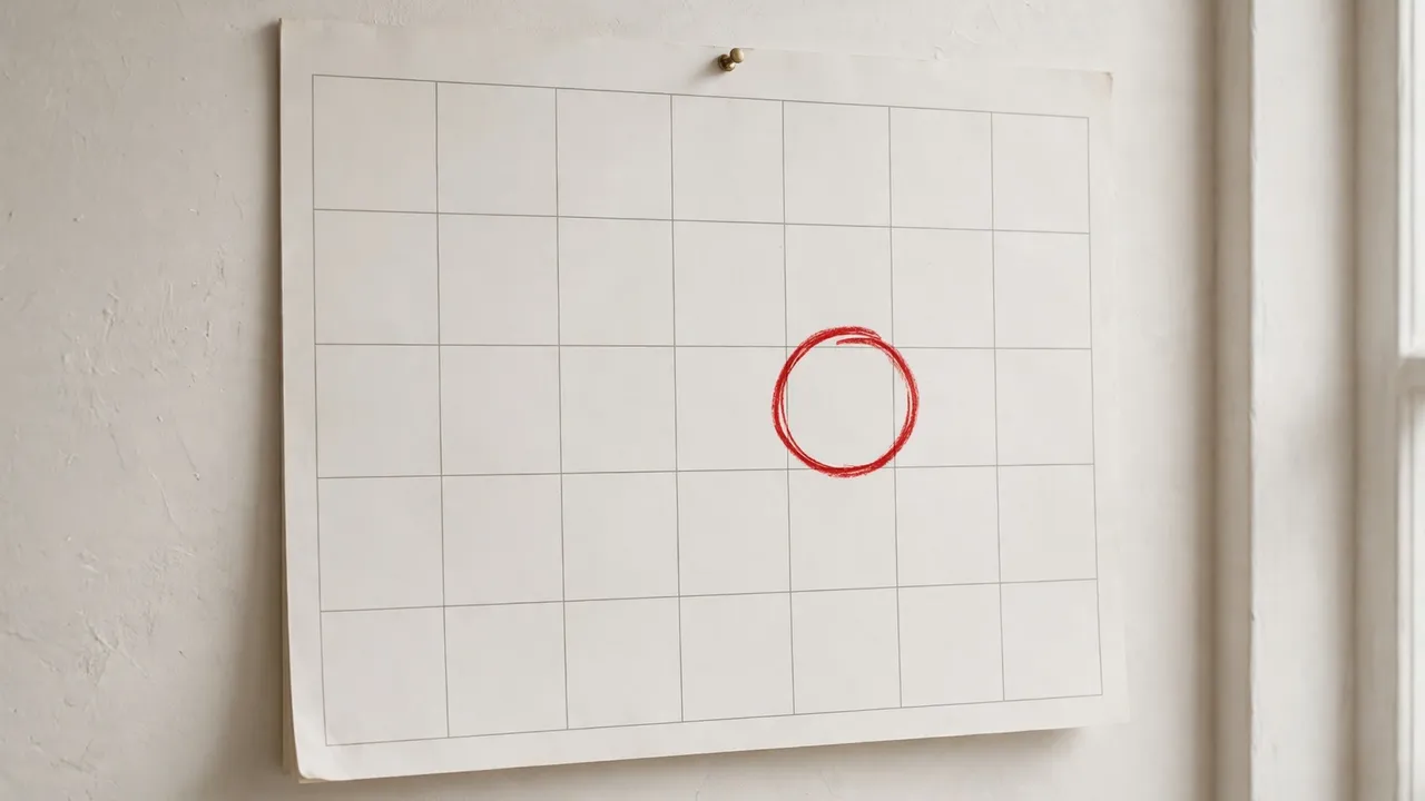 A wall calendar with a red circle around one blank date square