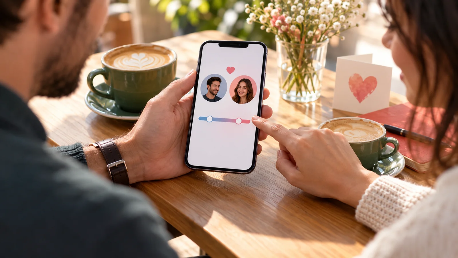 Two adults using a phone with a profile range slider at a cafe table.