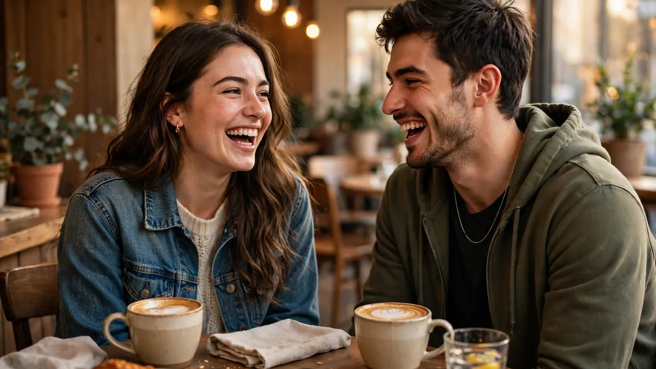 A young couple laughing over coffee at a cafe