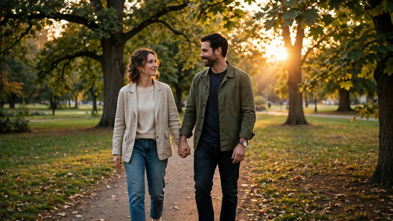 A couple walking hand in hand in a park at sunset