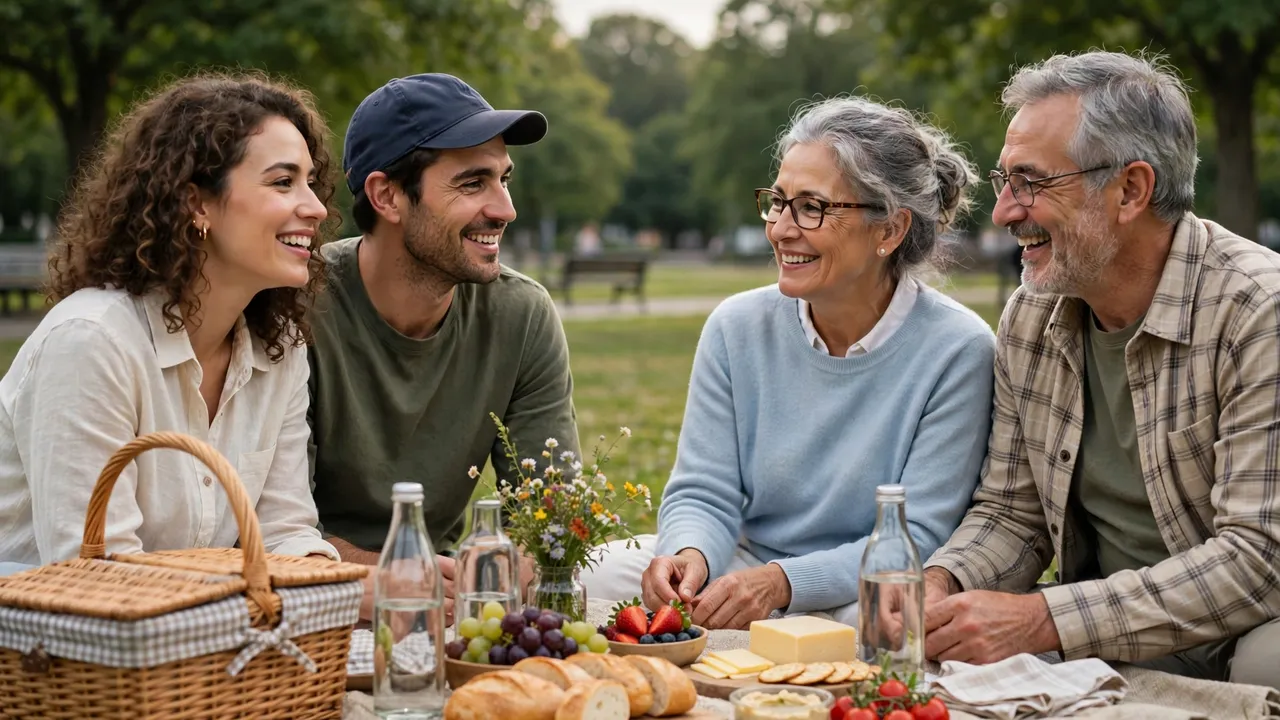 Two couples of different ages sharing a picnic in a park