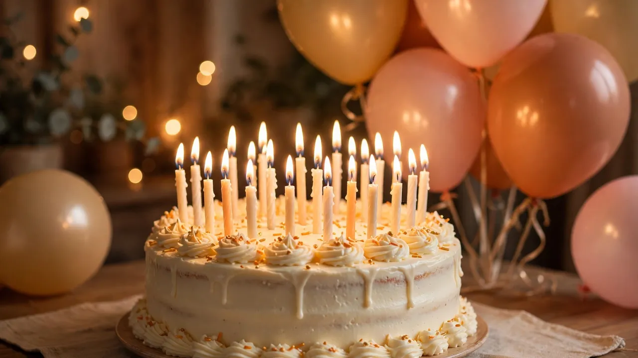 A birthday cake with many lit candles and balloons
