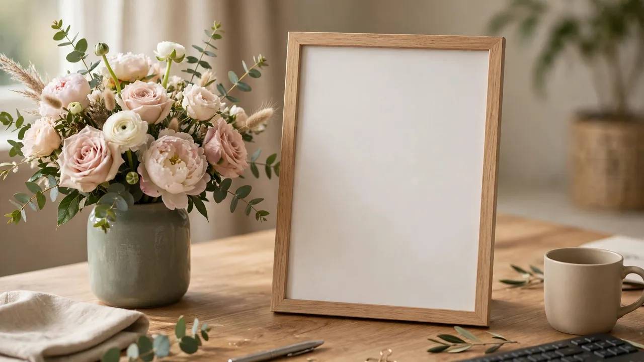 A blank framed certificate and a flower bouquet on an office desk
