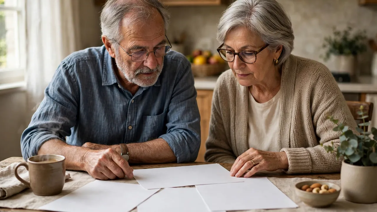 An older couple reviewing blank papers at a kitchen table