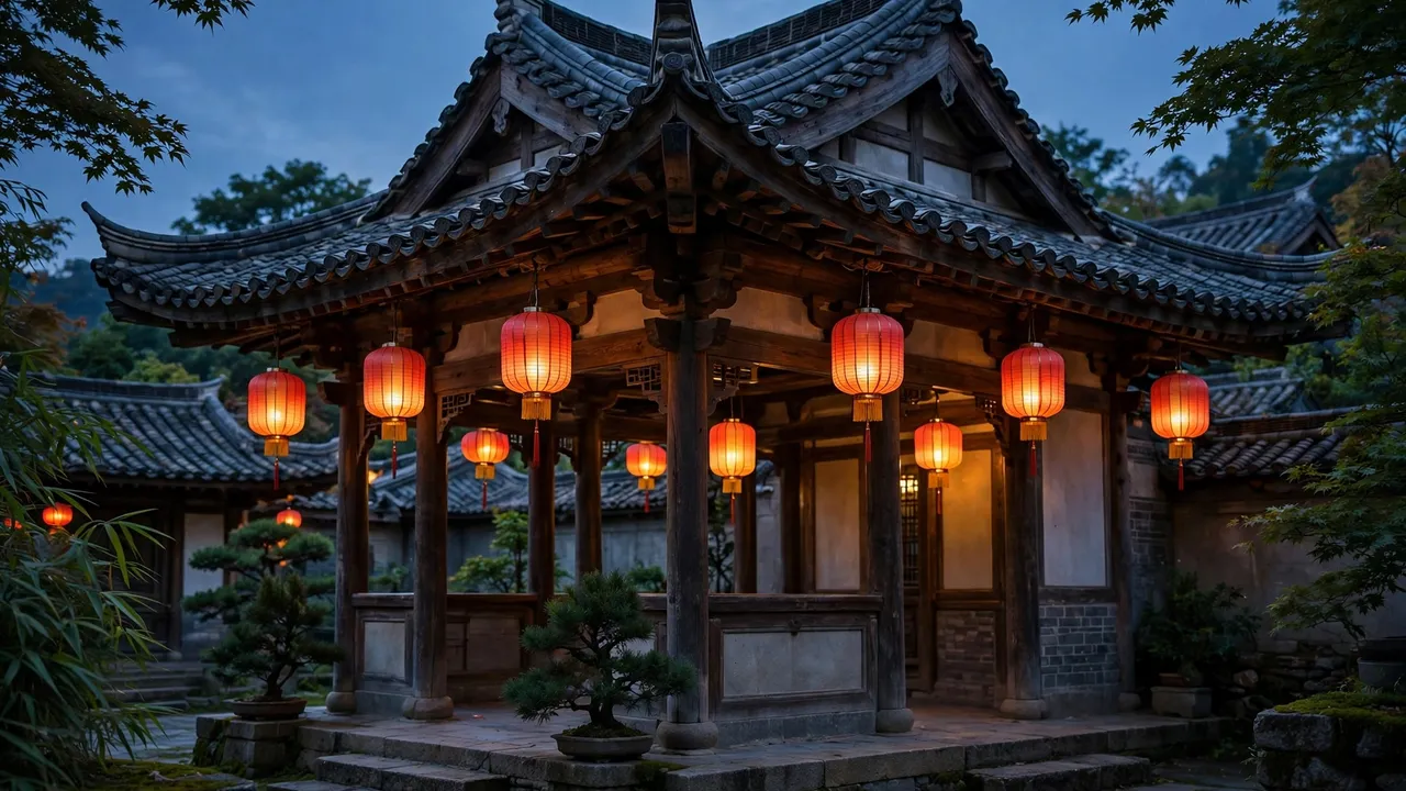 A traditional East Asian pavilion with red lanterns at dusk