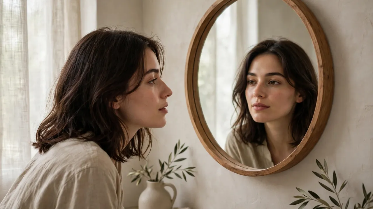 A woman looking at her reflection in a mirror