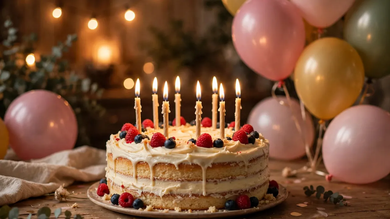 A birthday cake with candles and balloons at a celebration