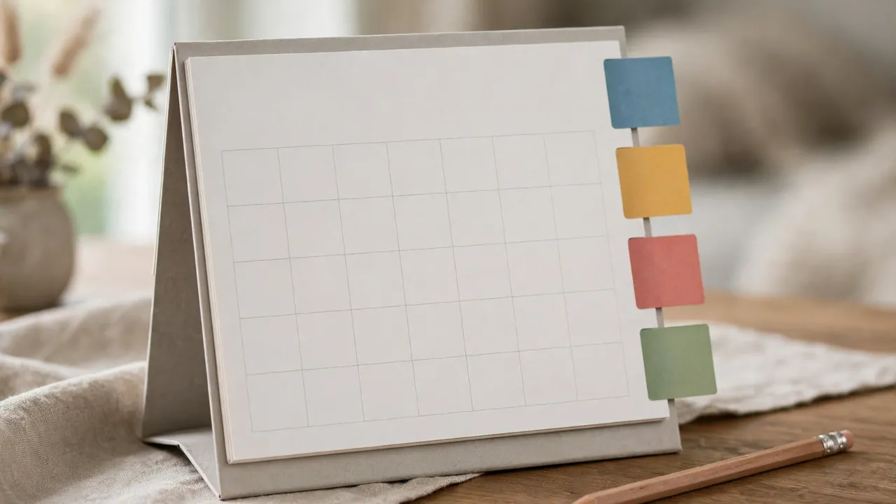 A desk calendar with four coloured tabs and a pencil