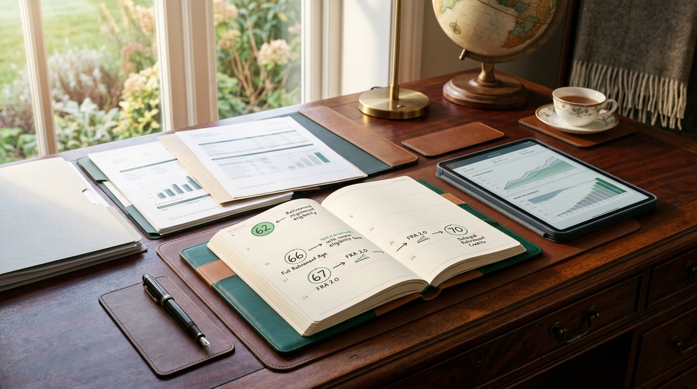 Editorial retirement planning workspace showing calendar with milestone markers 62, 66, 67, and 70