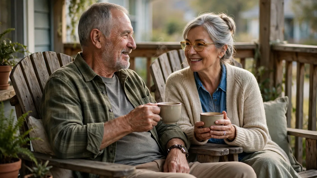 A retired couple sitting on a porch with coffee