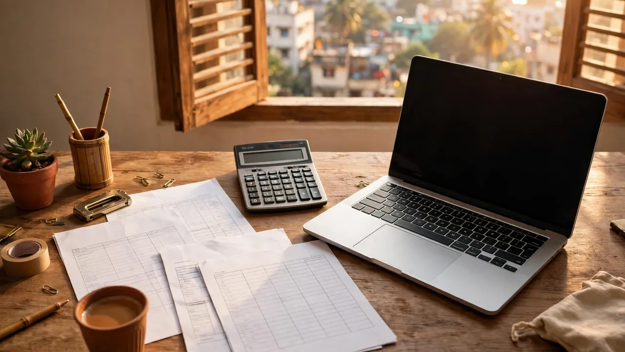A desk with a calculator, salary slips and a laptop
