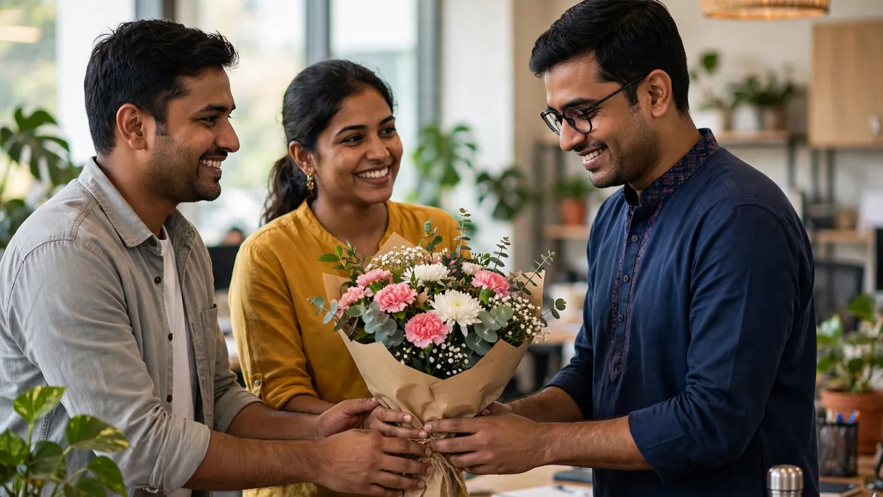 Colleagues giving a farewell bouquet to an employee