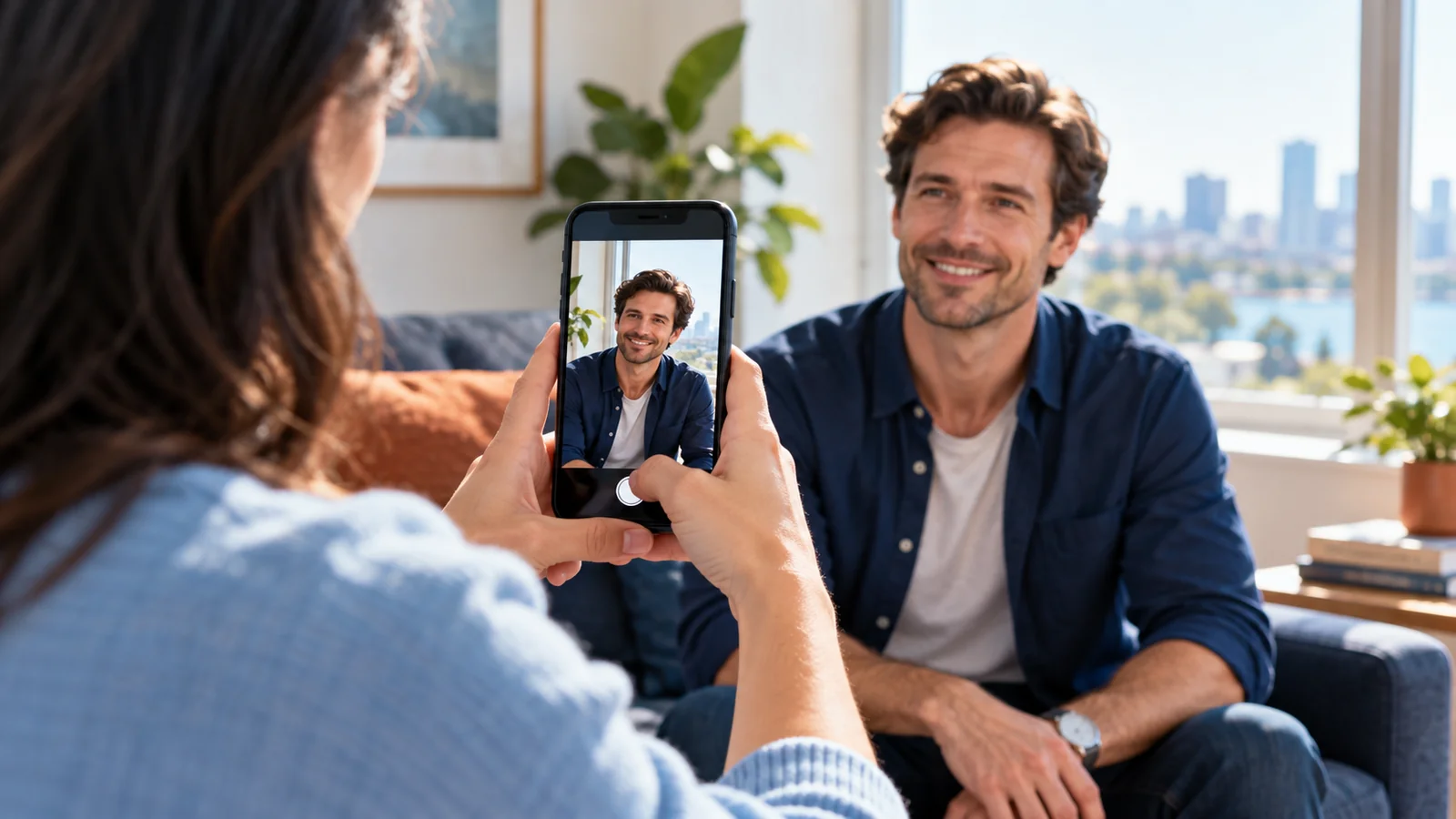 A smartphone camera capturing an adult portrait near a window.