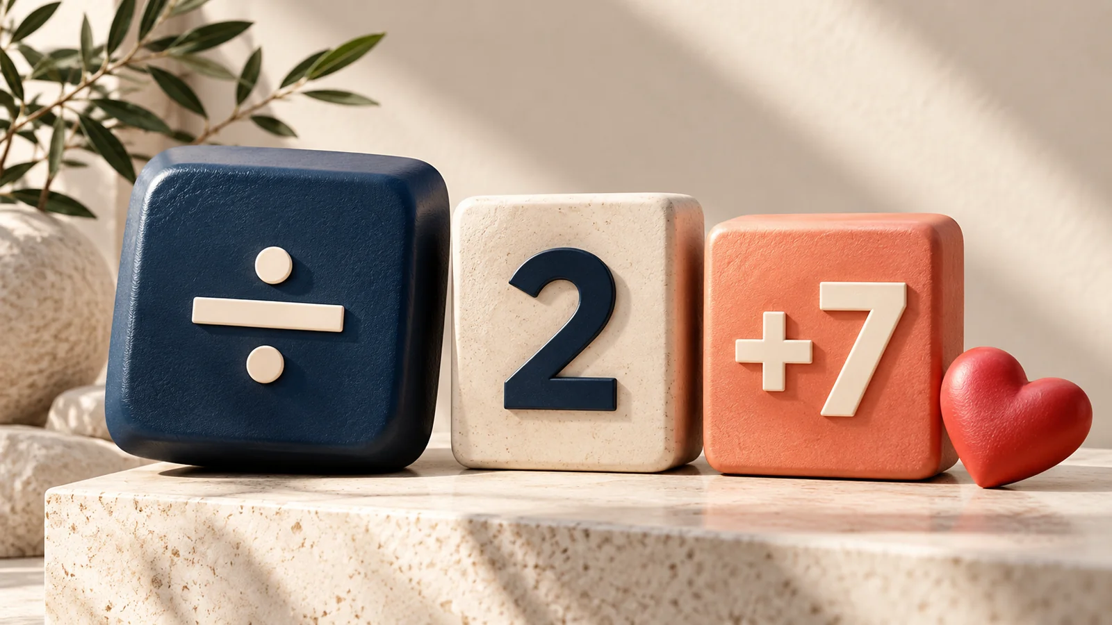 Division, two and plus-seven calculator blocks beside a heart.