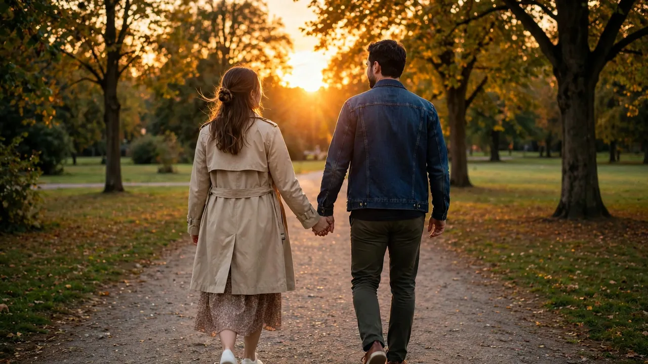 A couple walking hand in hand at sunset in a park