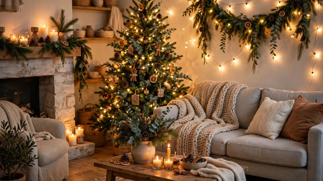 Festive holiday decorations and lights in a cozy room