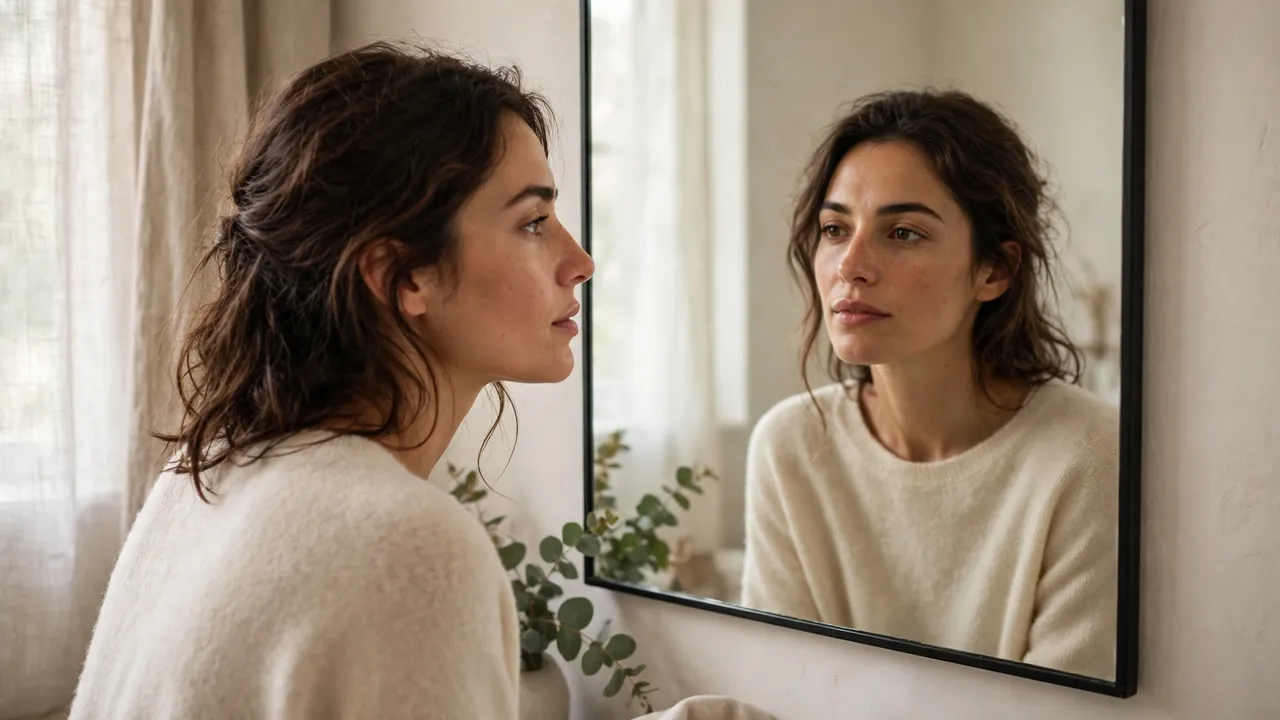 A woman looking at her reflection in a mirror