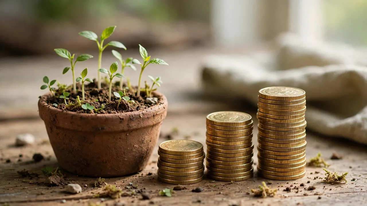 Growing plants next to stacked coins on a desk