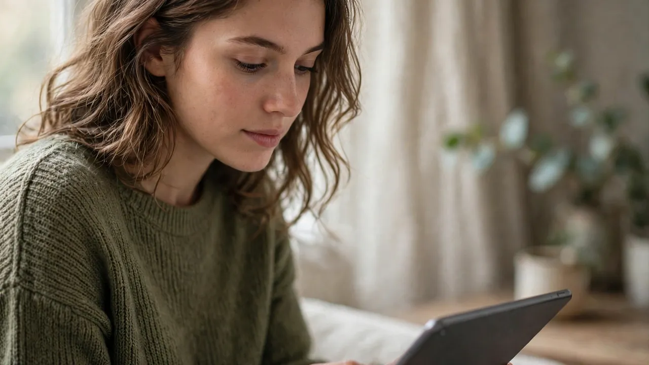 A person looking at a portrait photo on a tablet