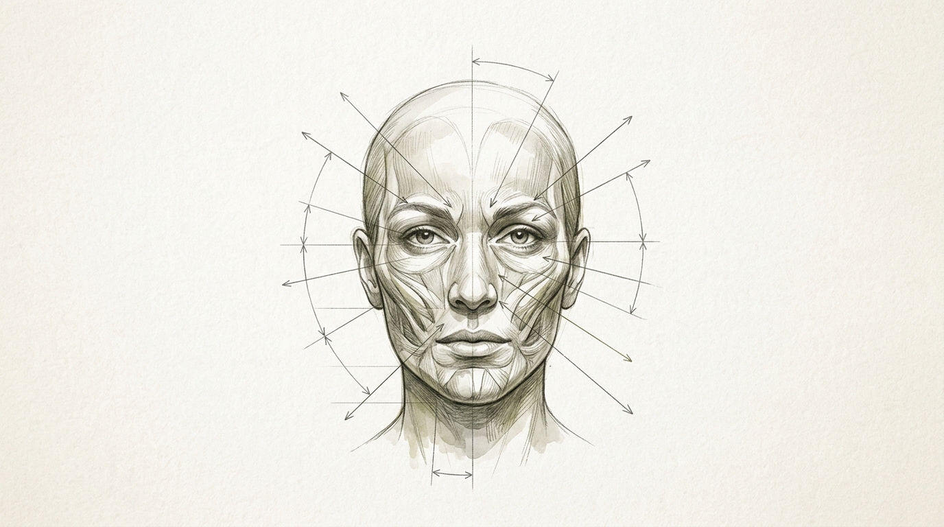 Scientific editorial diagram showing facial landmark analysis points on a human portrait