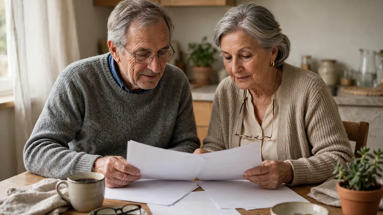 A retired couple reviewing papers at a kitchen table