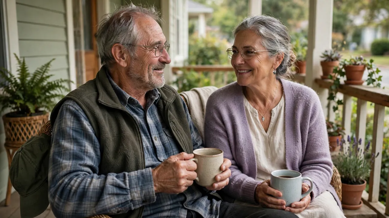 A retired couple sitting on a porch with coffee
