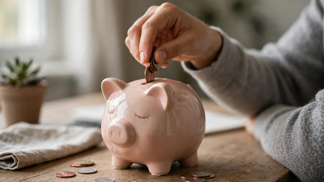 A hand putting coins into a piggy bank on a desk