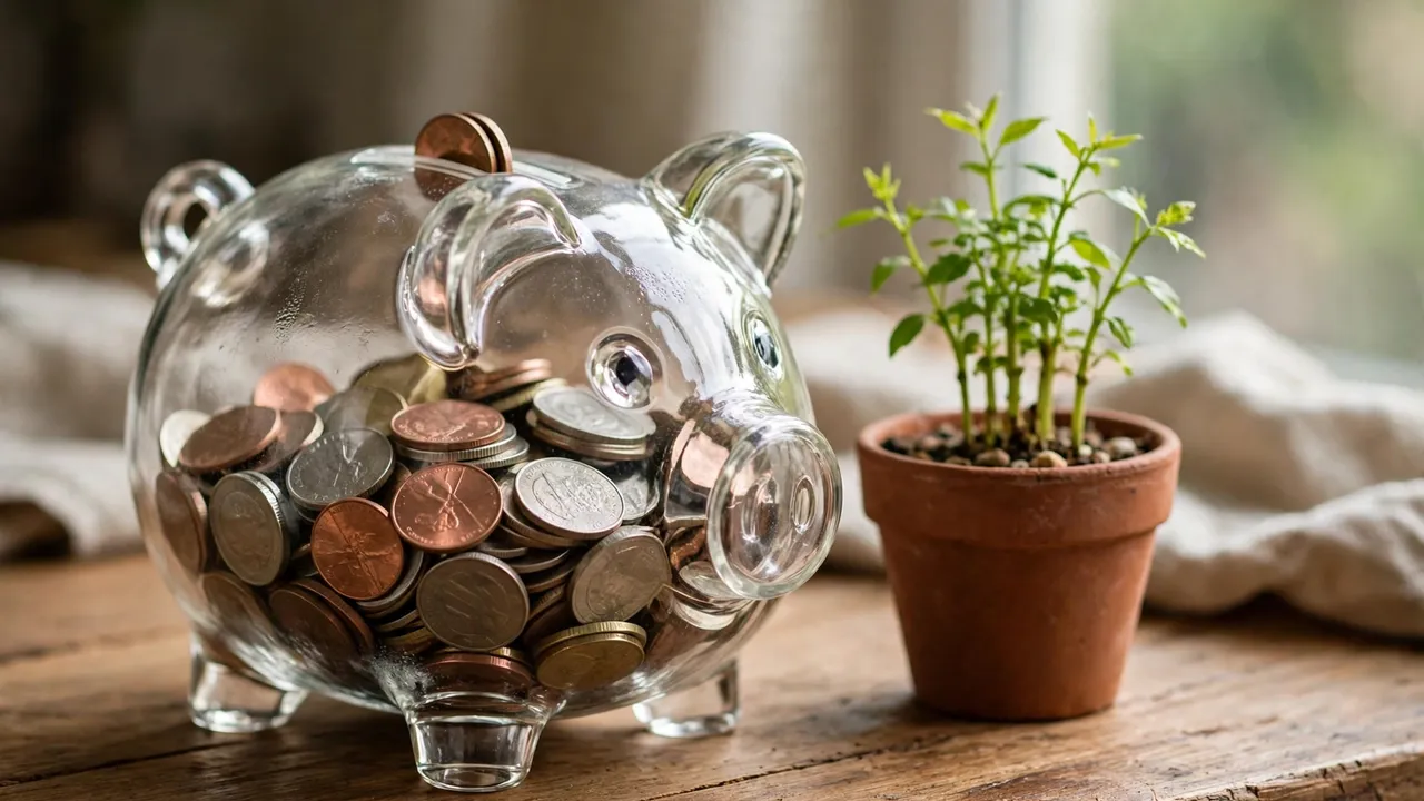 A glass piggy bank full of coins beside a growing plant