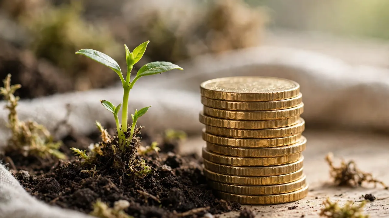 A growing plant next to stacked coins