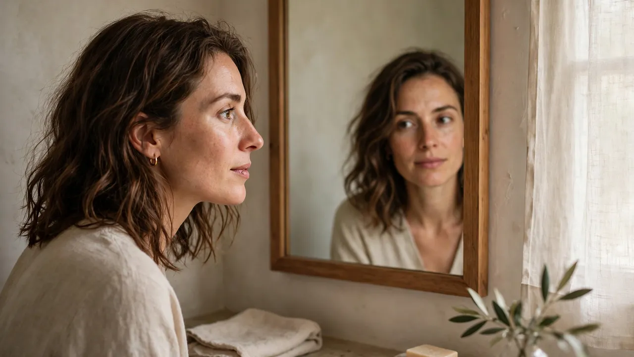 A woman looking at her reflection in a mirror
