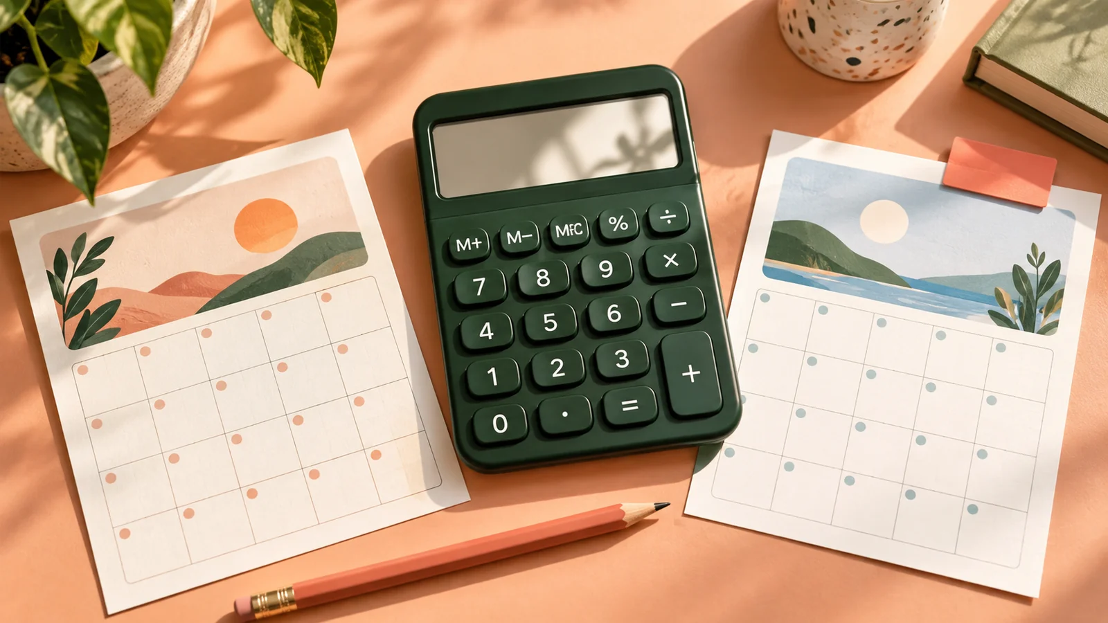 A calculator and two birthday calendar cards on a desk.